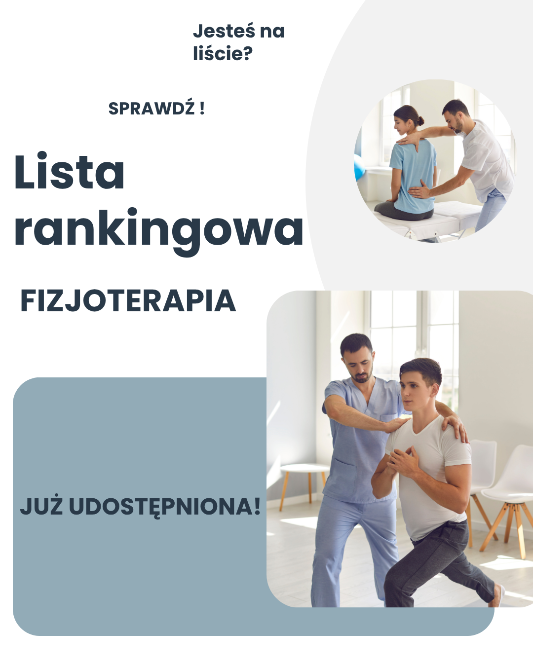 Grafika informacyjna z napisami: „Lista rankingowa – FIZJOTERAPIA – JUŻ UDOSTĘPNIONA!”. Obok zdjęcia fizjoterapeutów badających pacjentów