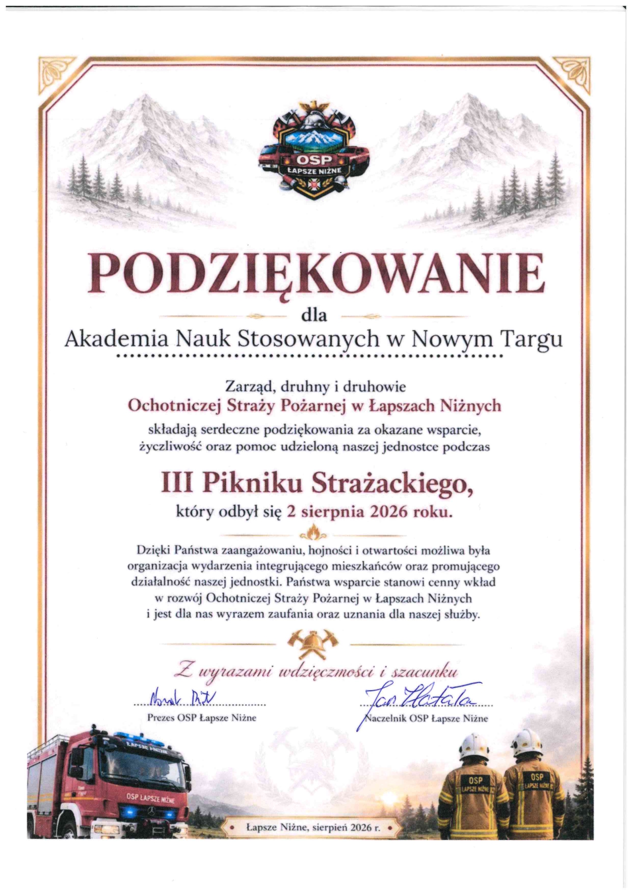 Podziękowanie dla ANS w Nowym Targu za udział w III Pikniku OSP w Łapszach Niżnych