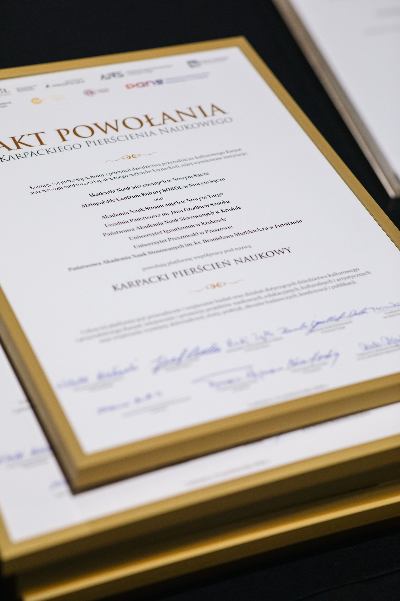Zbliżenie na dokument „AKT POWOŁANIA KARPACKIEGO PIERŚCIENIA NAUKOWEGO” z podpisami